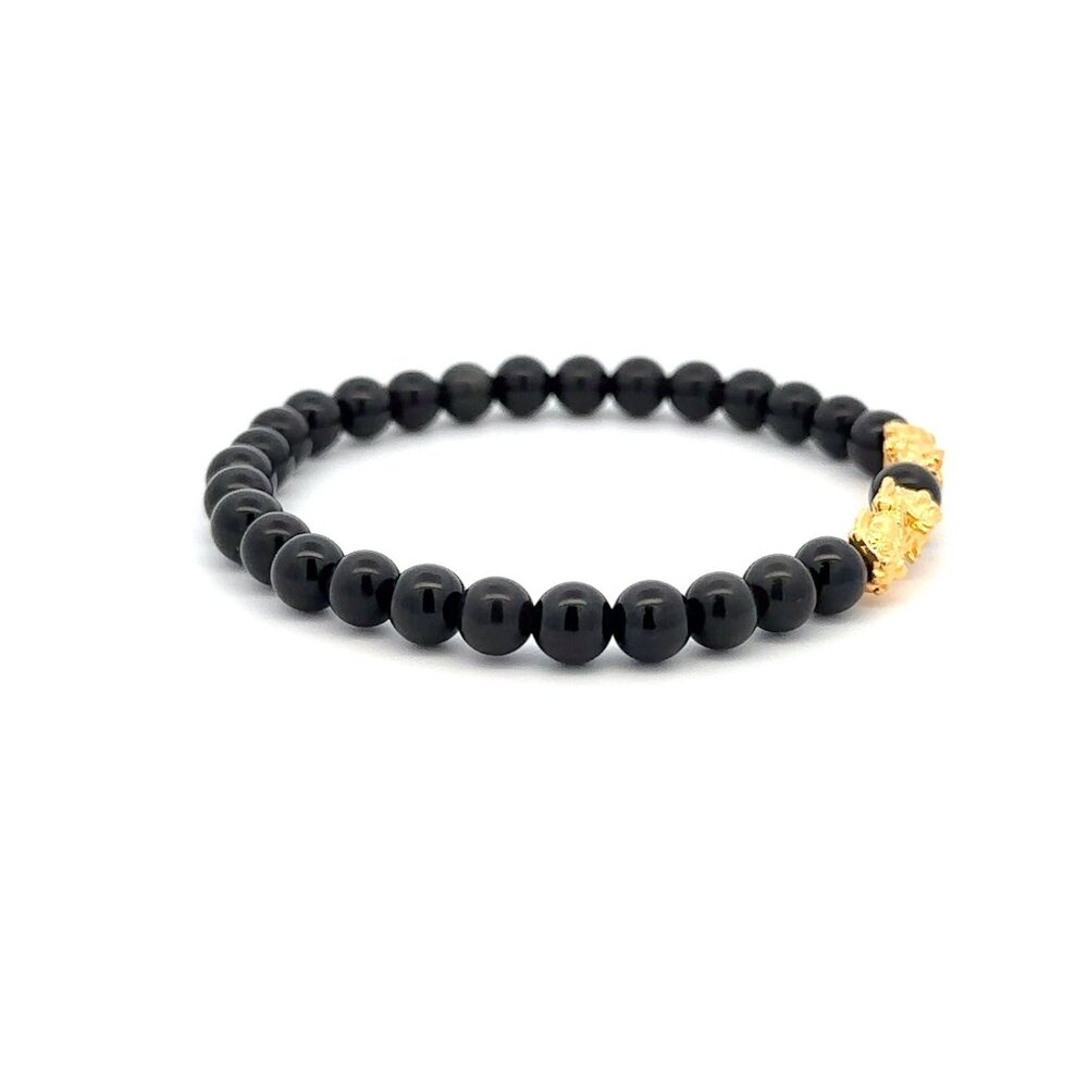 18K Gold Dragon Pixiu Double Piyao Lucky Charm Bracelet Gemstones Obsidian 6mm - Picture 5 of 5
